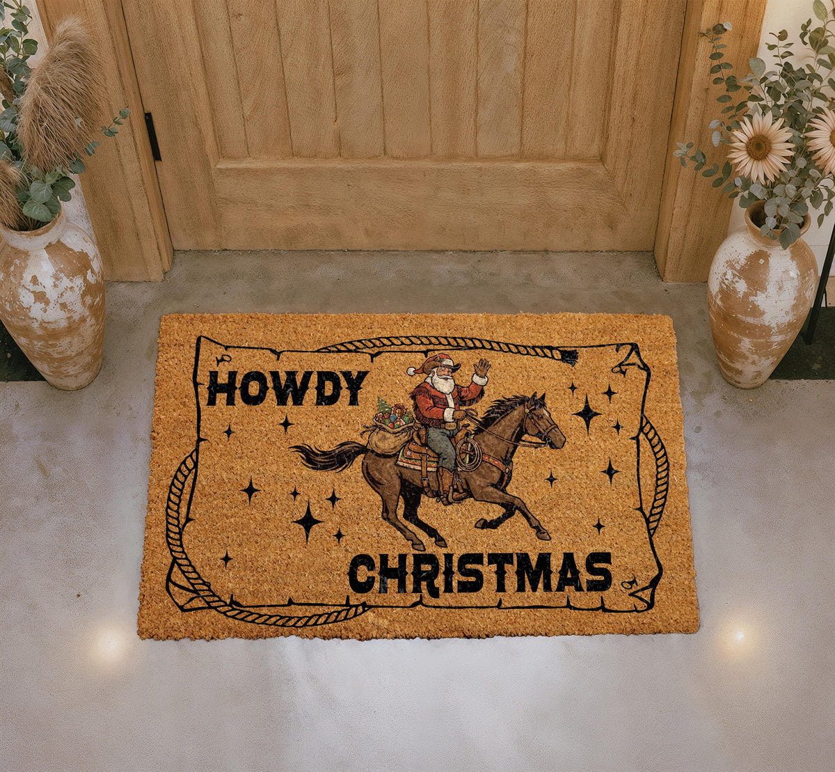 Cowboy Santa Howdy Christmas Doormat, Western Holiday Porch Decor