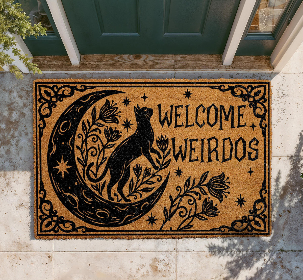 Personalized Welcome Weirdos Doormat, Celestial Moon Cat, Gothic Floral Porch Decor