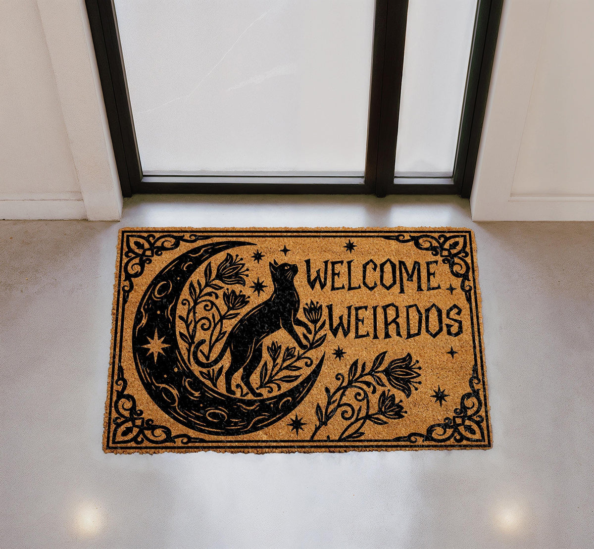 Personalized Welcome Weirdos Doormat, Celestial Moon Cat, Gothic Floral Porch Decor
