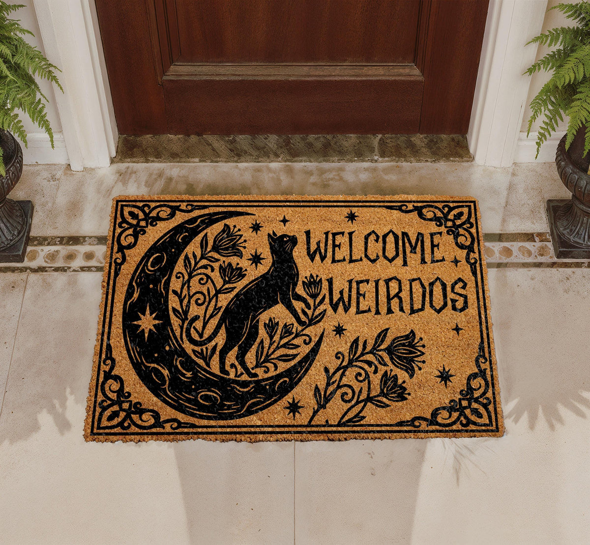 Personalized Welcome Weirdos Doormat, Celestial Moon Cat, Gothic Floral Porch Decor
