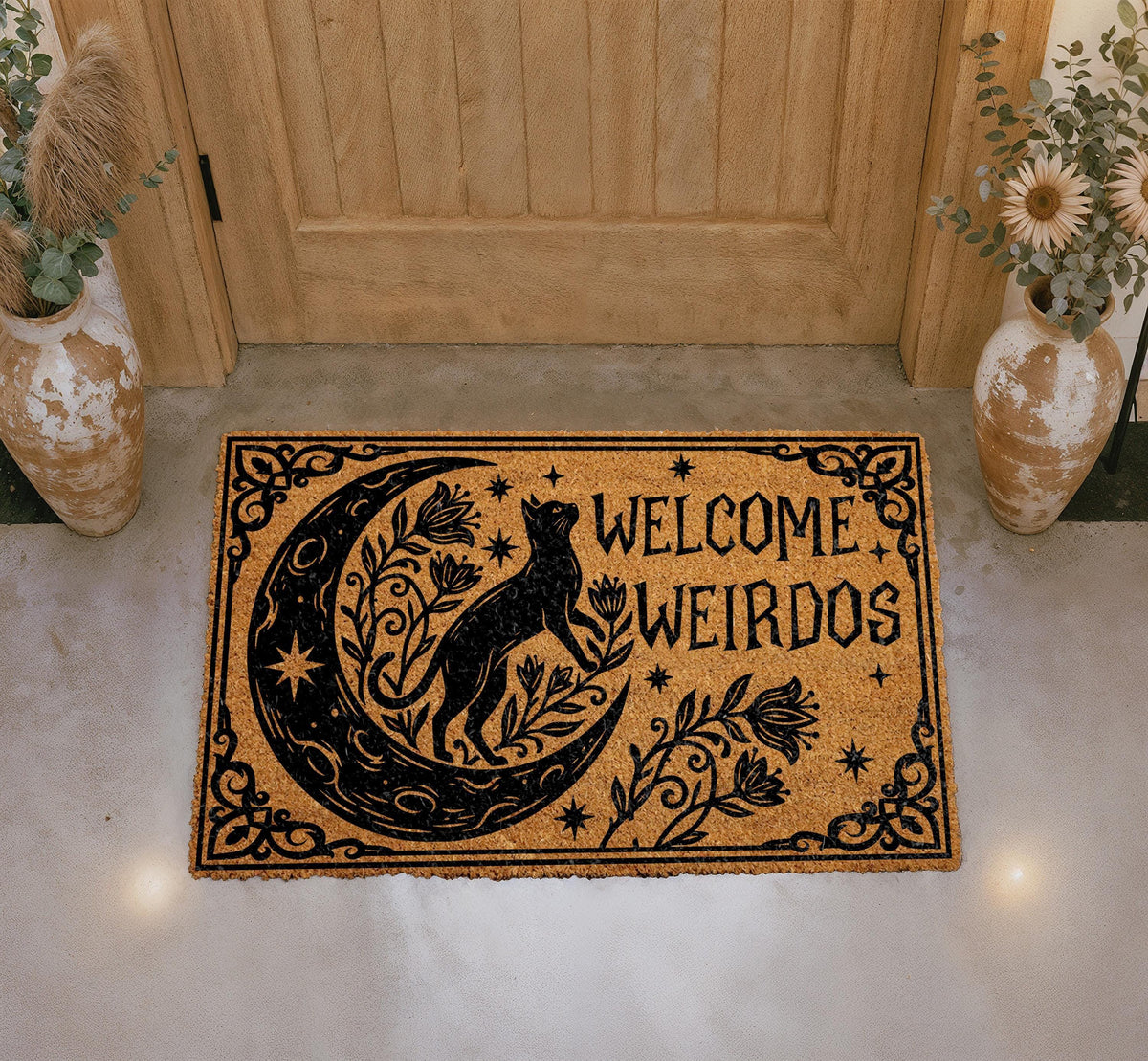 Personalized Welcome Weirdos Doormat, Celestial Moon Cat, Gothic Floral Porch Decor