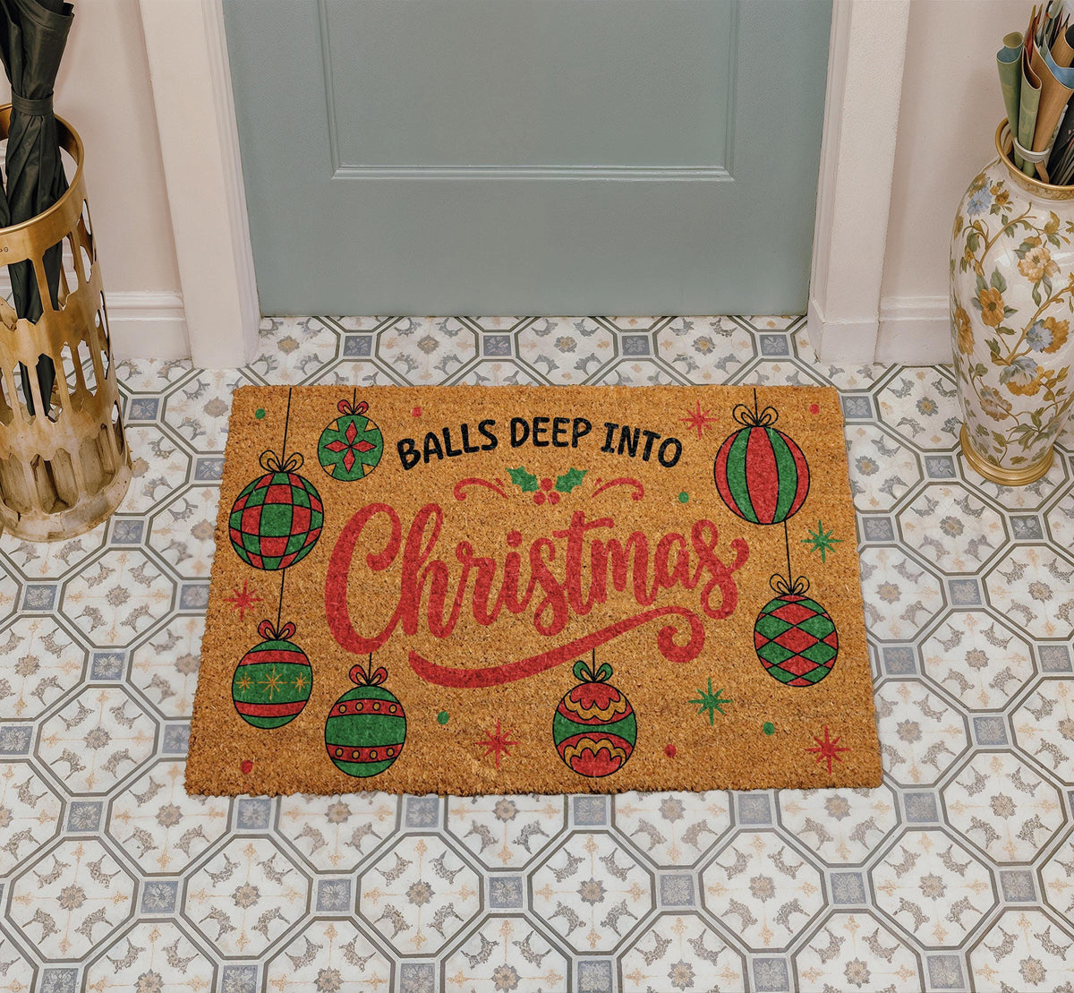 Funny Christmas Welcome Mat, Balls Deep Into Christmas Doormat