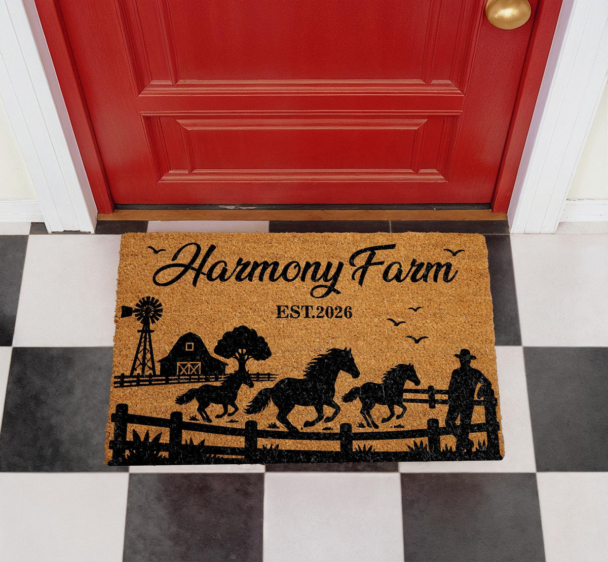 Personalized Horse Farm Doormat, Custom Ranch Welcome Mat, Rustic Farmhouse Porch Decor