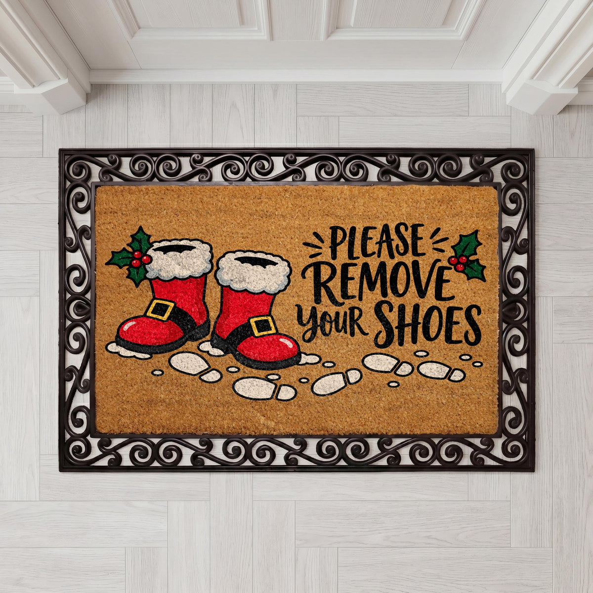 Personalized Christmas Doormat, Santa Boots Welcome Mat, Coir Rug (Custom Name)