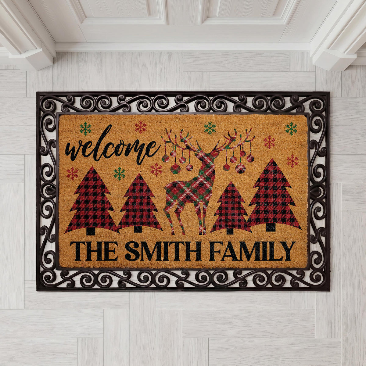 Personalized Buffalo Plaid Reindeer Doormat, Custom Family Name Holiday Welcome Mat (Coir)