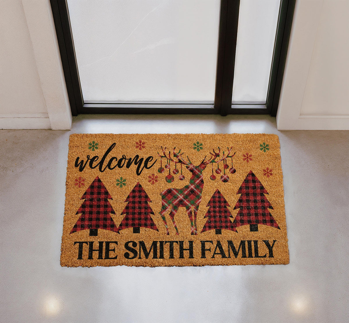 Personalized Buffalo Plaid Reindeer Doormat, Custom Family Name Holiday Welcome Mat (Coir)