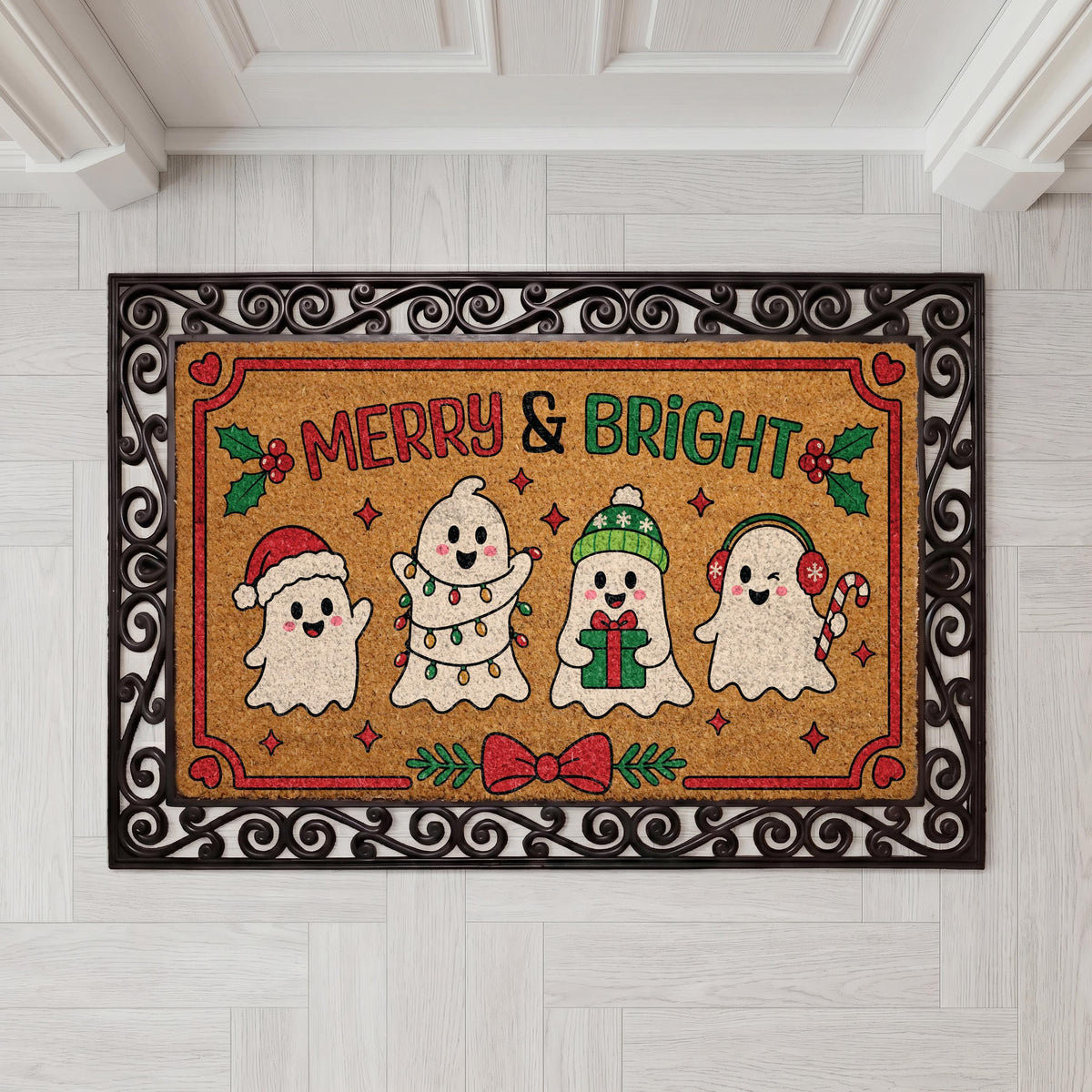 Personalized Ghost Doormat, Merry & Bright Christmas Welcome Mat (Coir)
