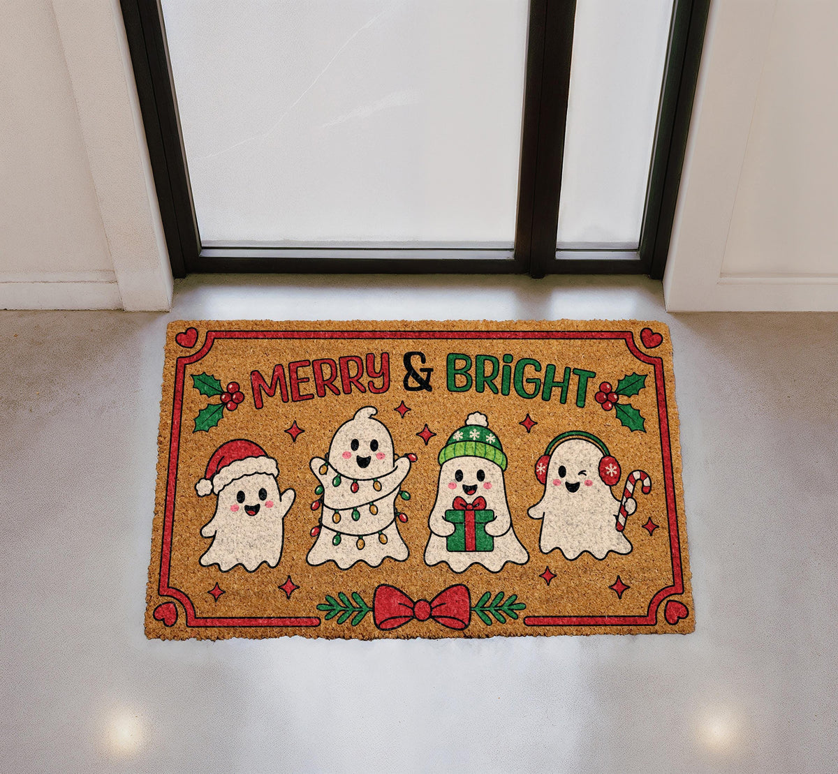 Personalized Ghost Doormat, Merry & Bright Christmas Welcome Mat (Coir)