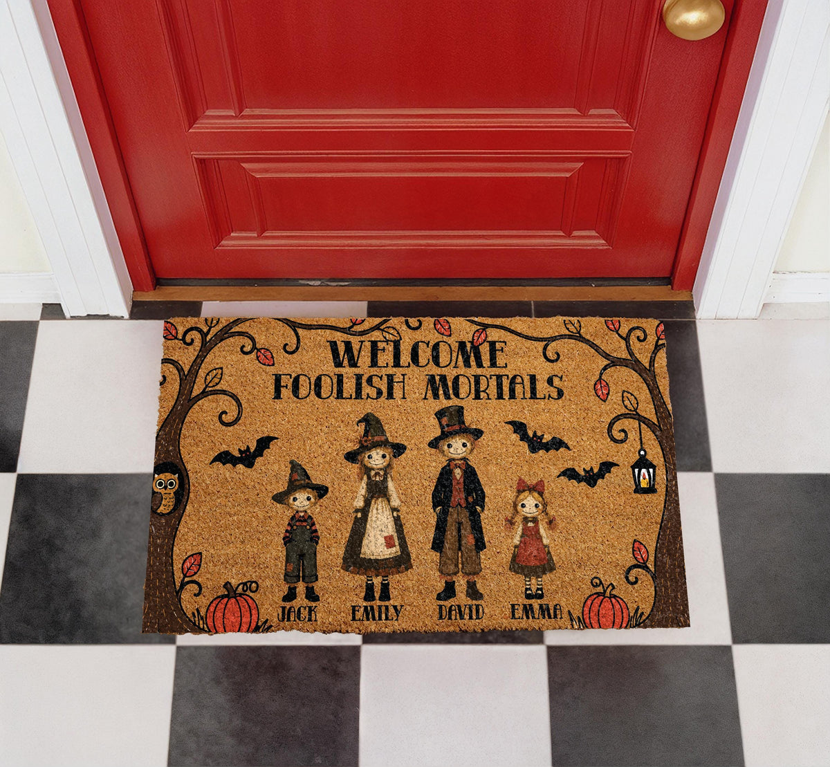 Personalized Scarecrow Family Halloween Doormat, Spooky Fall Welcome Mat, Haunted House Front Porch Decor