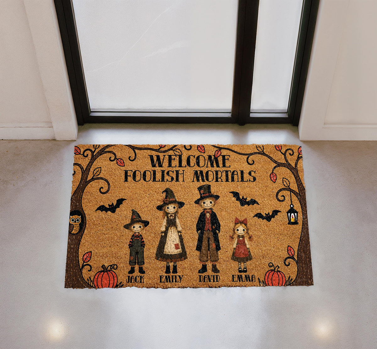 Personalized Scarecrow Family Halloween Doormat, Spooky Fall Welcome Mat, Haunted House Front Porch Decor
