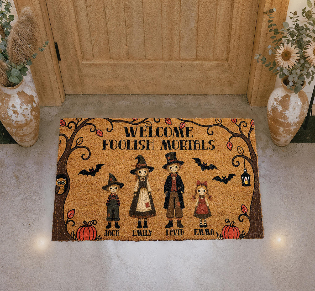 Personalized Scarecrow Family Halloween Doormat, Spooky Fall Welcome Mat, Haunted House Front Porch Decor