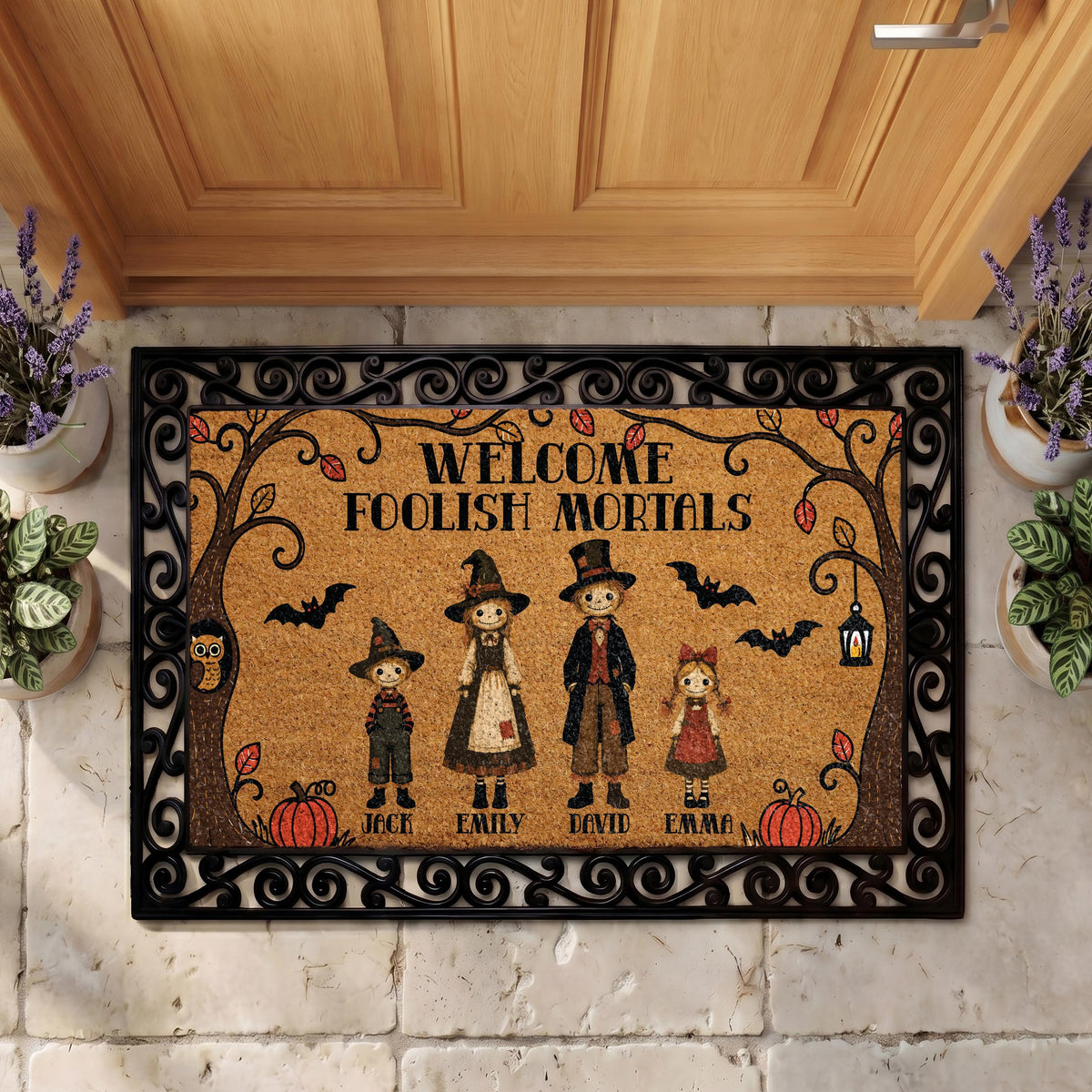 Personalized Scarecrow Family Halloween Doormat, Spooky Fall Welcome Mat, Haunted House Front Porch Decor