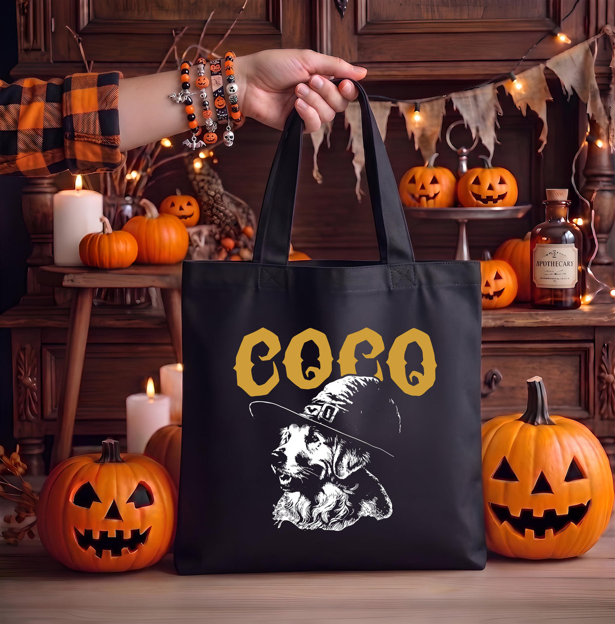 Custom Dog Halloween Bag, Trick or Treat Tote, Personalized Dog Candy Sack for Kids, Witch Hat Dog Halloween Tote Bag