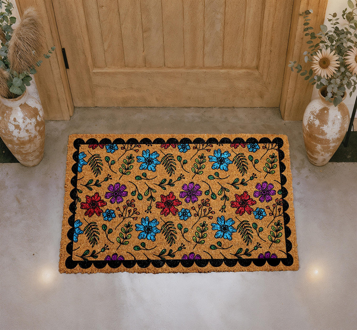Vibrant Floral Coir Doormat, Wildflower Welcome Mat, Botanical Entryway Rug
