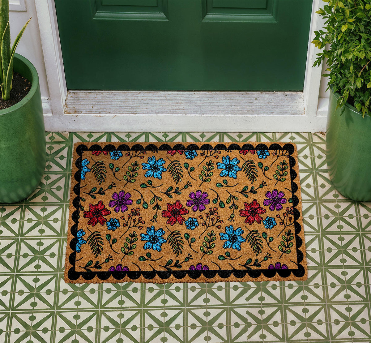 Vibrant Floral Coir Doormat, Wildflower Welcome Mat, Botanical Entryway Rug