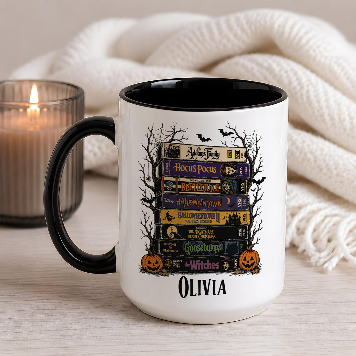 Custom Name Halloween VHS Tape Ceramic Cup, Personalized Horror Movie Coffee Mug
