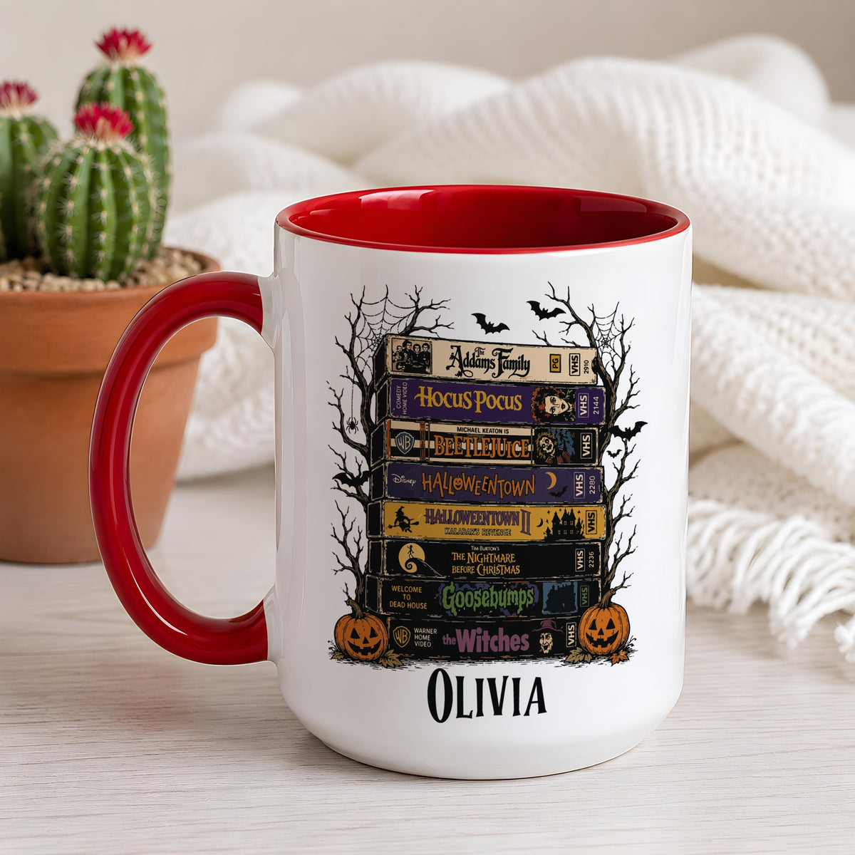 Custom Name Halloween VHS Tape Ceramic Cup, Personalized Horror Movie Coffee Mug