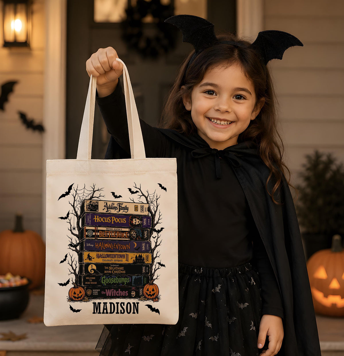 Personalized Halloween Trick or Treat Bag, Custom Name Horror Movie VHS Stack Tote Bag