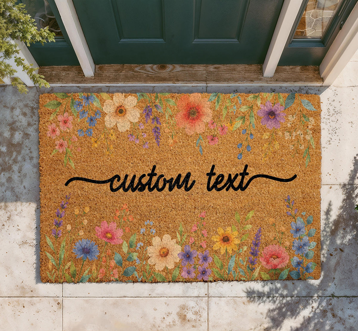 Boho Floral Doormat, Custom Personalized Family Name Welcome Door Mat, Colorful Coir Entryway Mat