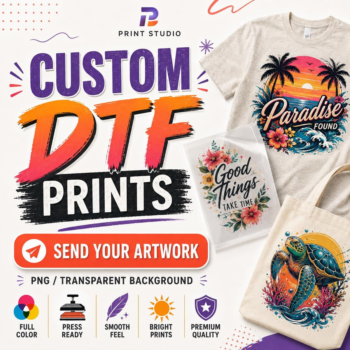 Custom DTF Transfers, Full Color Shirt Prints, Ready to Press Logo Designs