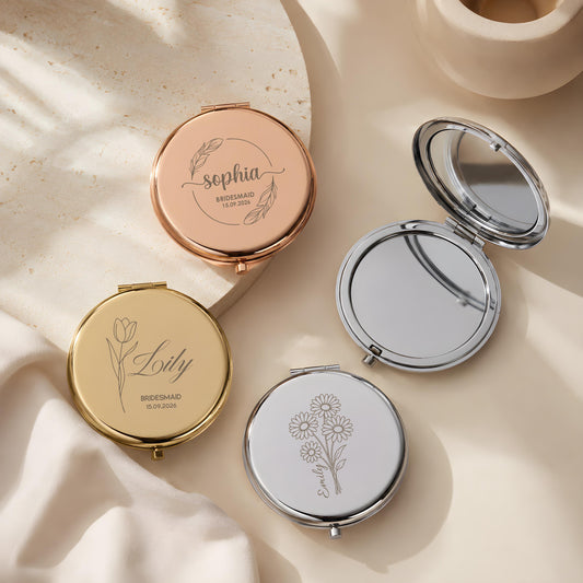 Custom Engraved Metal Compact Mirror, Personalized Birth Flower Name Pocket Mirror