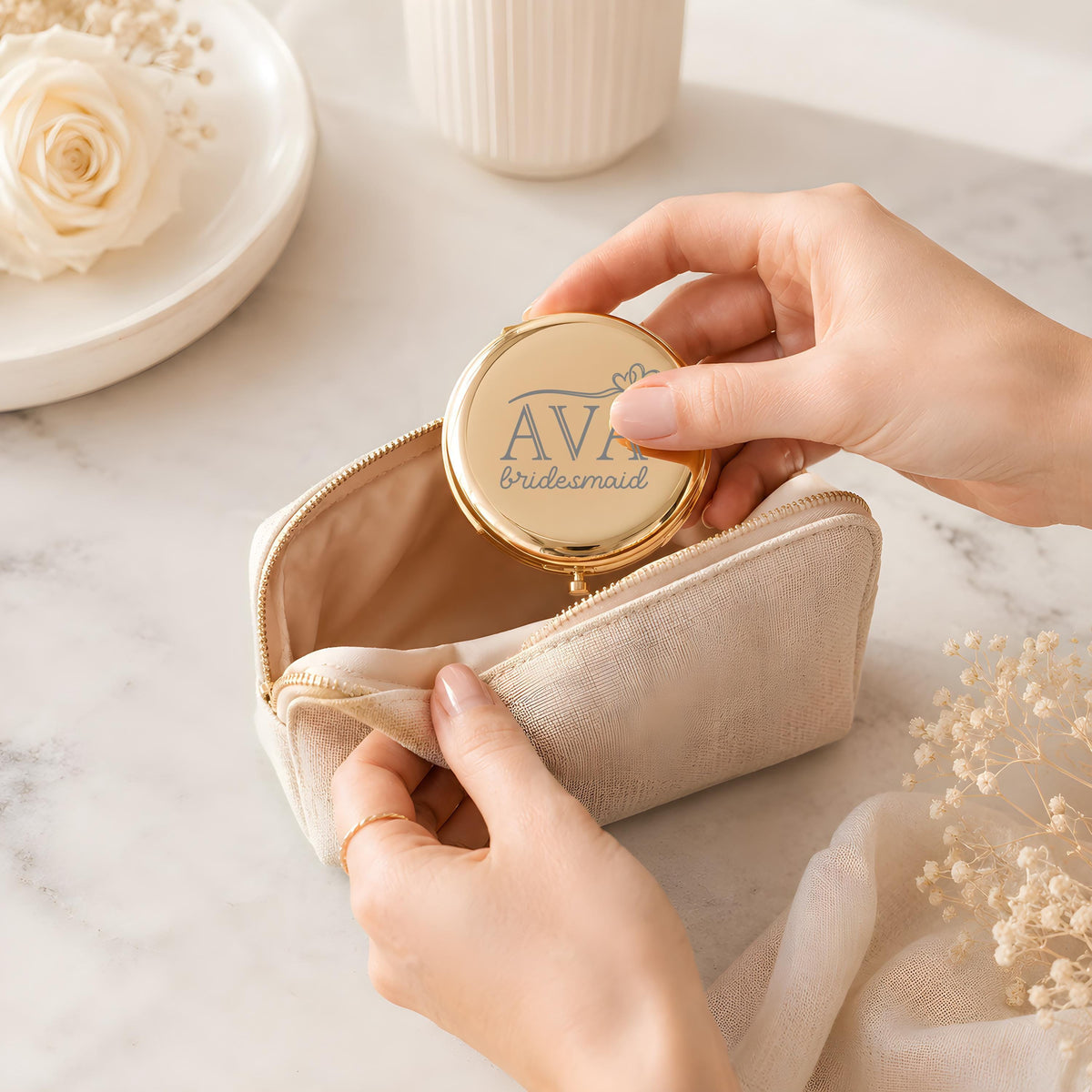 Custom Engraved Metal Compact Mirror, Personalized Birth Flower Name Pocket Mirror
