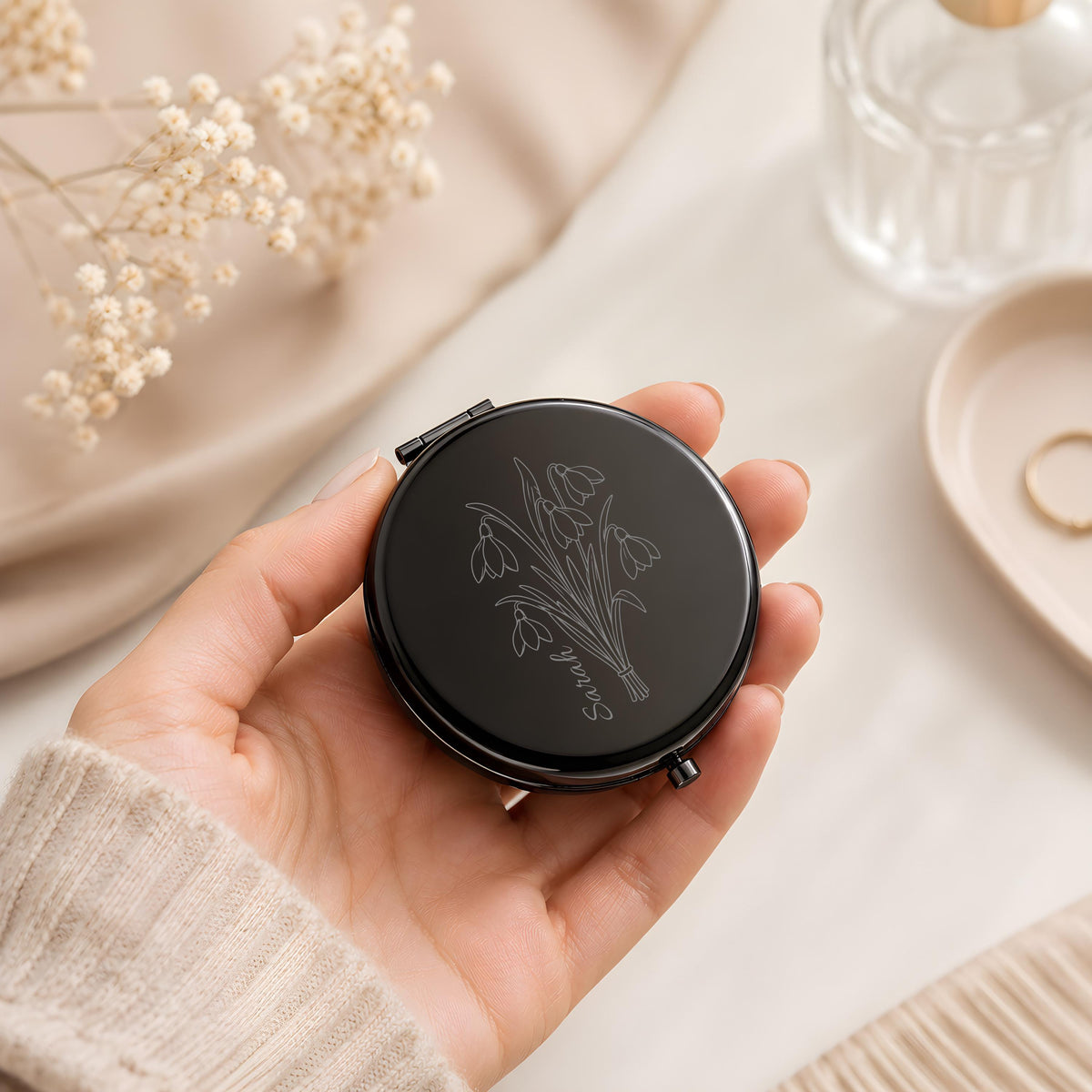Custom Engraved Metal Compact Mirror, Personalized Birth Flower Name Pocket Mirror