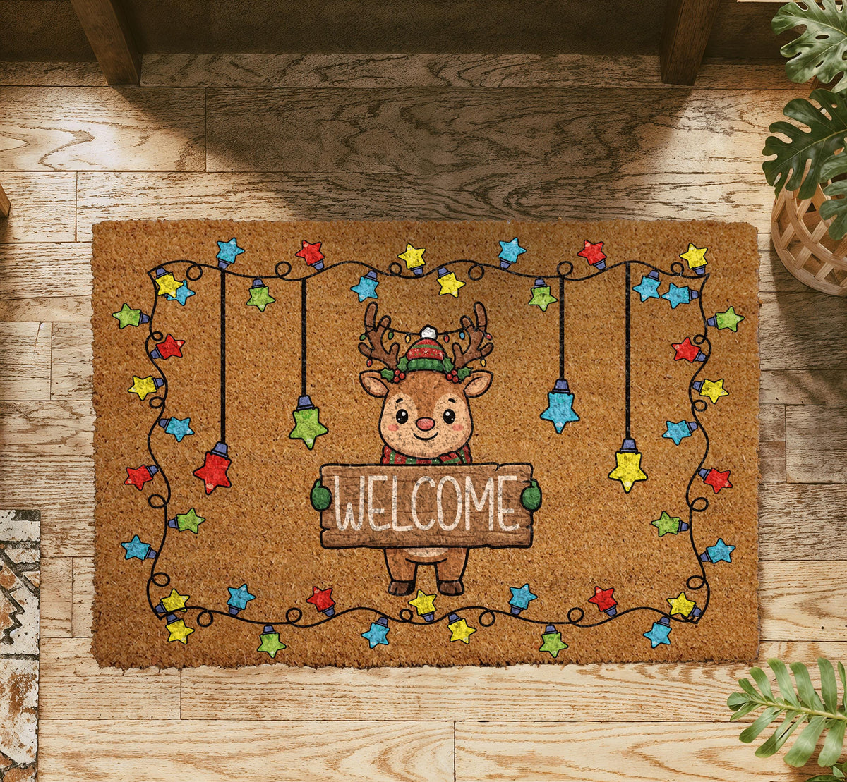 Cute Reindeer Christmas Lights Welcome Mat, Festive Star Lights Doormat