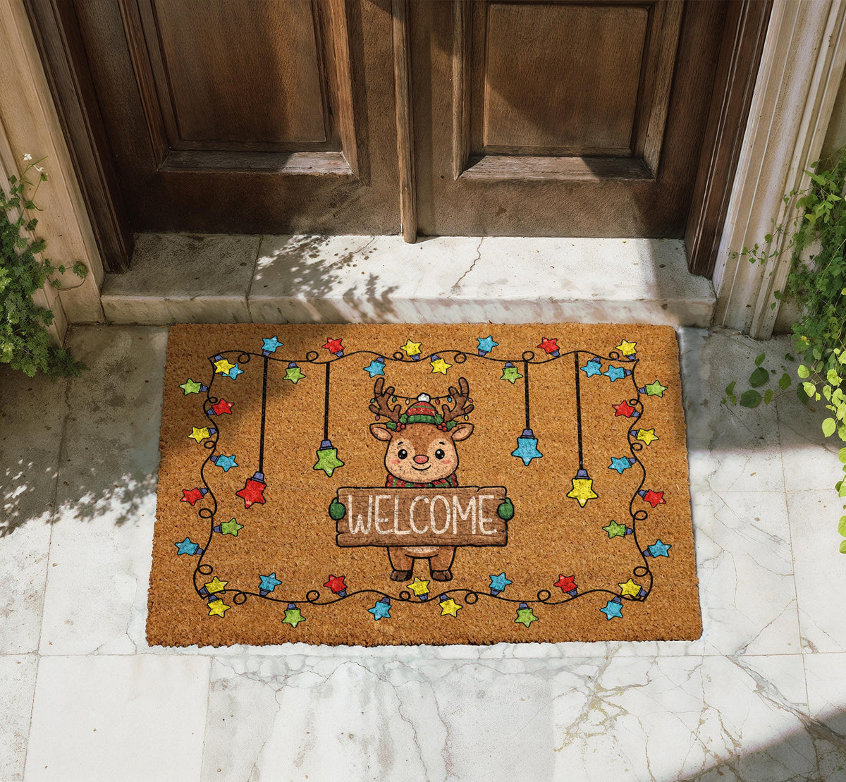 Cute Reindeer Christmas Lights Welcome Mat, Festive Star Lights Doormat
