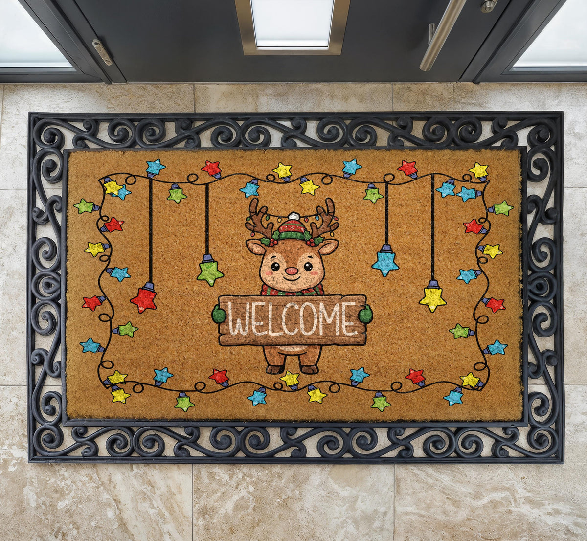 Cute Reindeer Christmas Lights Welcome Mat, Festive Star Lights Doormat