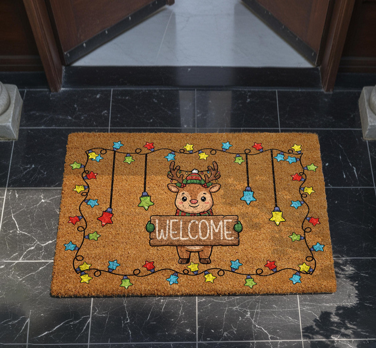 Cute Reindeer Christmas Lights Welcome Mat, Festive Star Lights Doormat