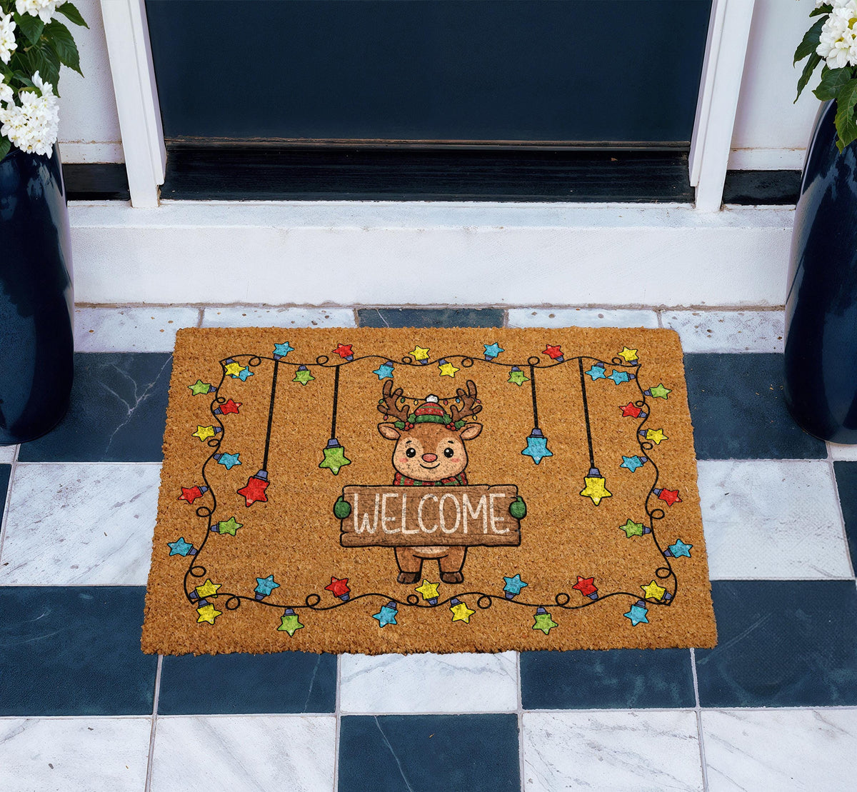 Cute Reindeer Christmas Lights Welcome Mat, Festive Star Lights Doormat