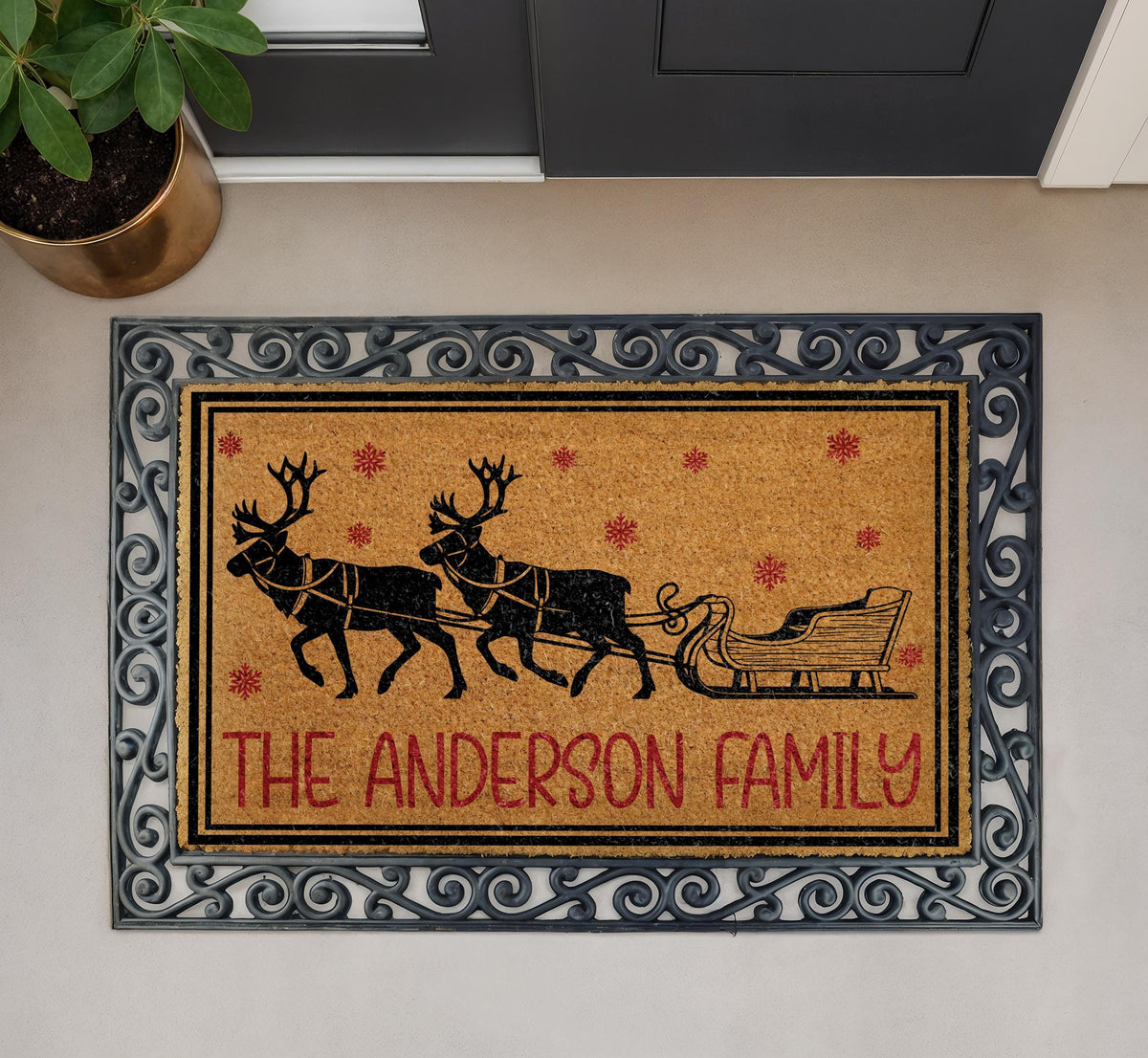Custom Reindeer Sleigh Christmas Doormat, Snowflake Winter Welcome Mat