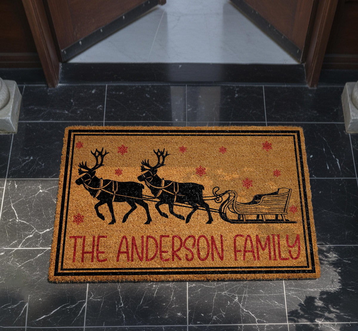 Custom Reindeer Sleigh Christmas Doormat, Snowflake Winter Welcome Mat
