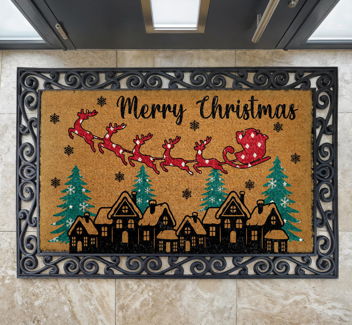Merry Christmas Santa Sleigh and Reindeer Doormat, Traditional Christmas Welcome Mat