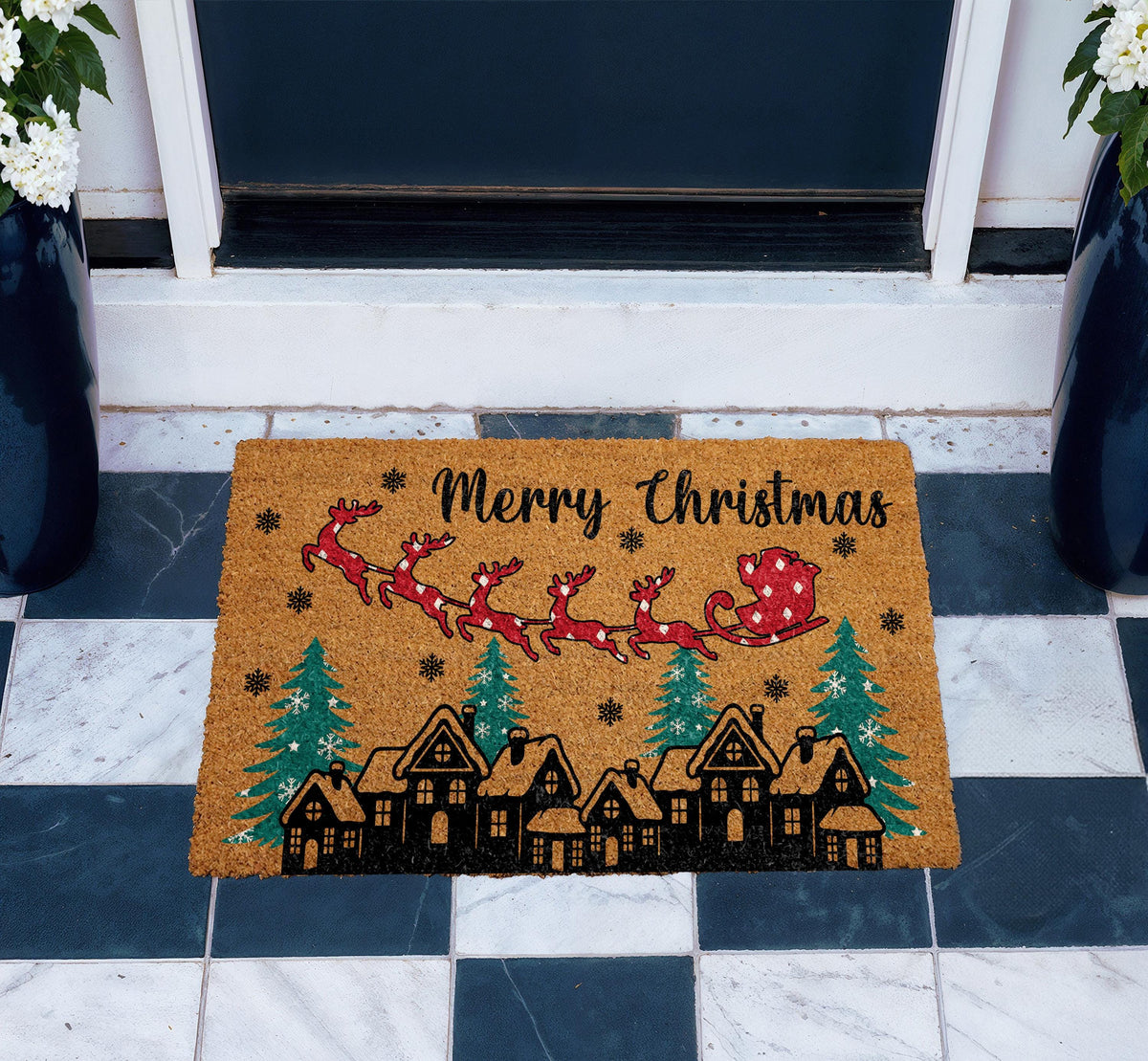 Merry Christmas Santa Sleigh and Reindeer Doormat, Traditional Christmas Welcome Mat