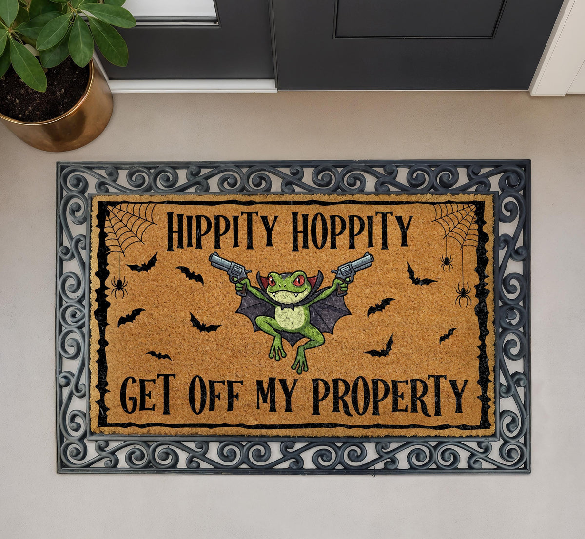Hippity Hoppity Get Off My Property Halloween Doormat, Funny Spooky Frog Welcome Mat