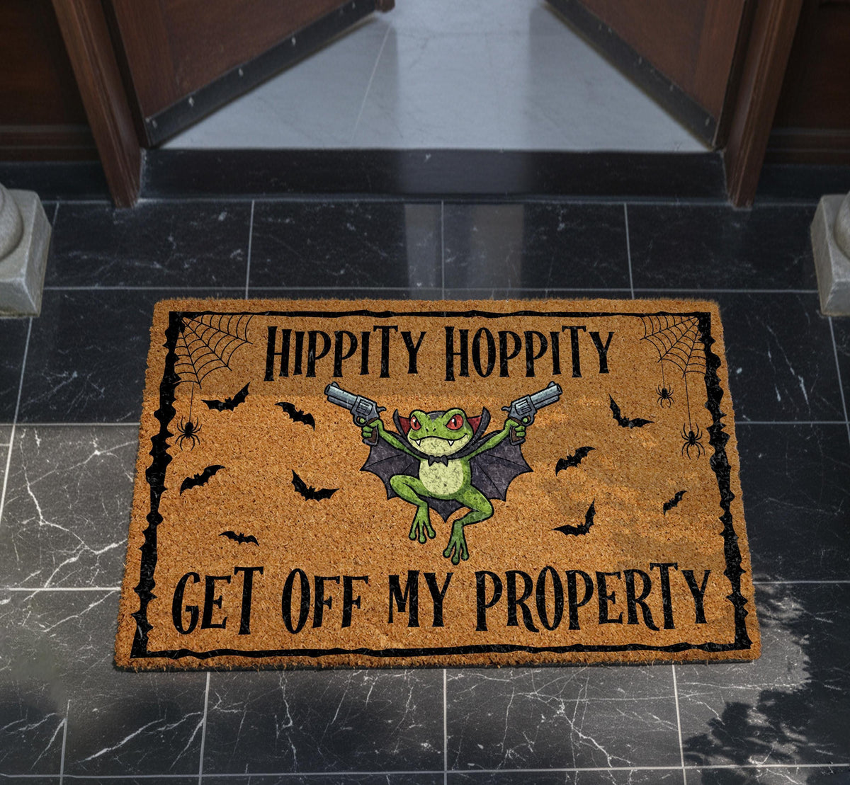Hippity Hoppity Get Off My Property Halloween Doormat, Funny Spooky Frog Welcome Mat