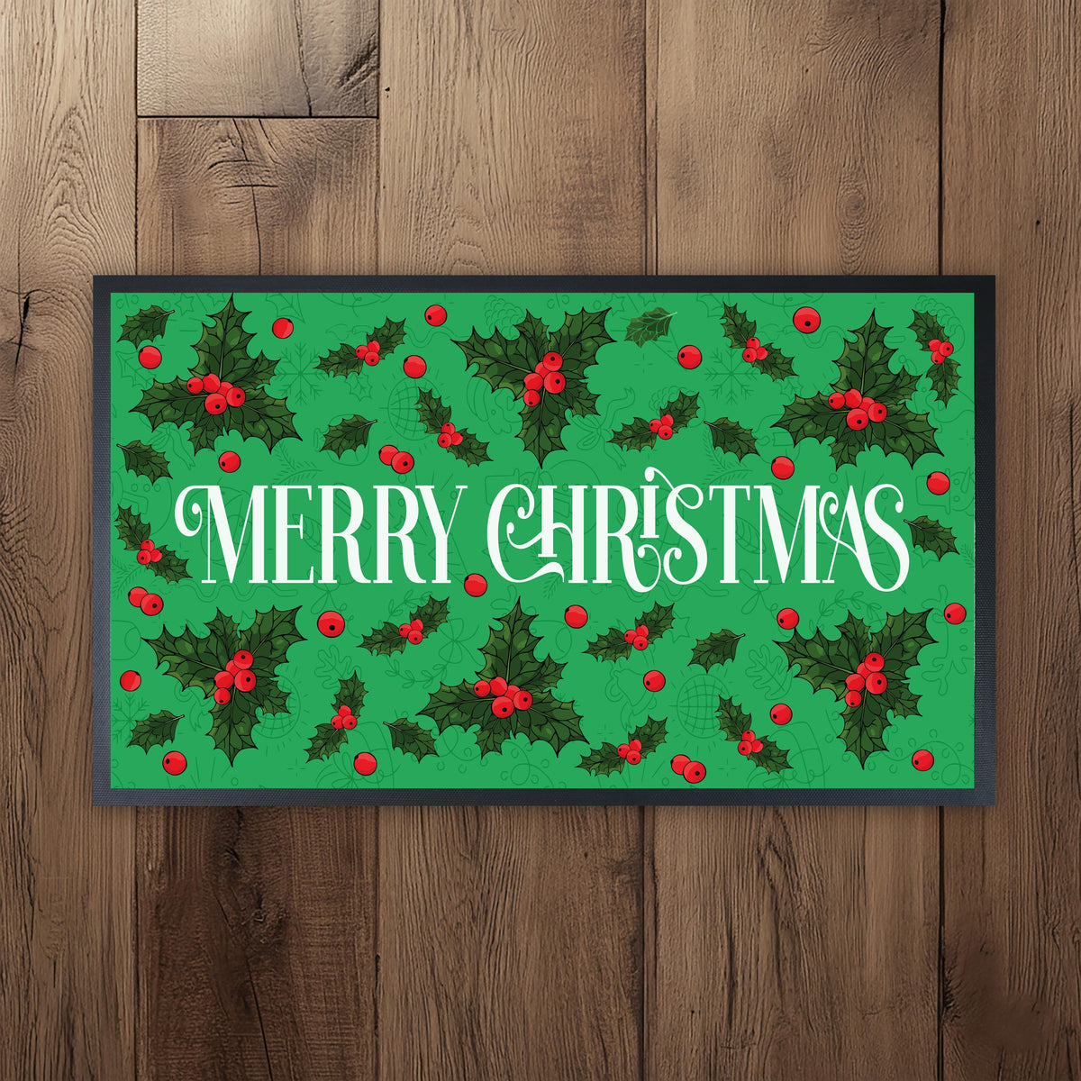 Merry Christmas Doormat, Green Holly Berry Welcome Mat, Festive Holiday Porch Rug