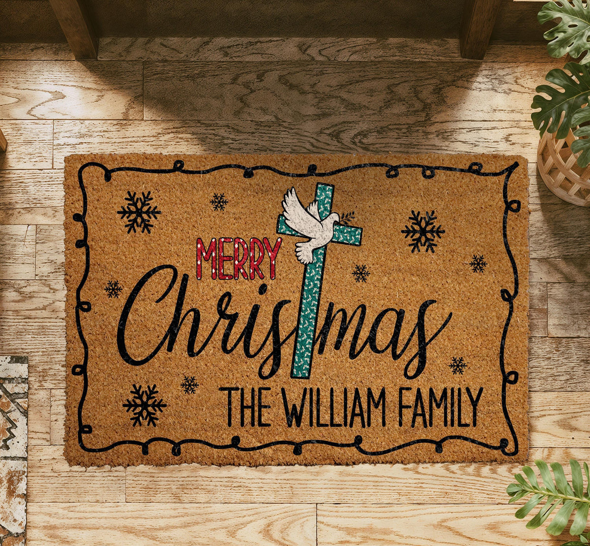 Personalized Christian Christmas Doormat, Custom Cross and Dove Welcome Mat