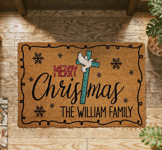 Personalized Christian Christmas Doormat, Custom Cross and Dove Welcome Mat