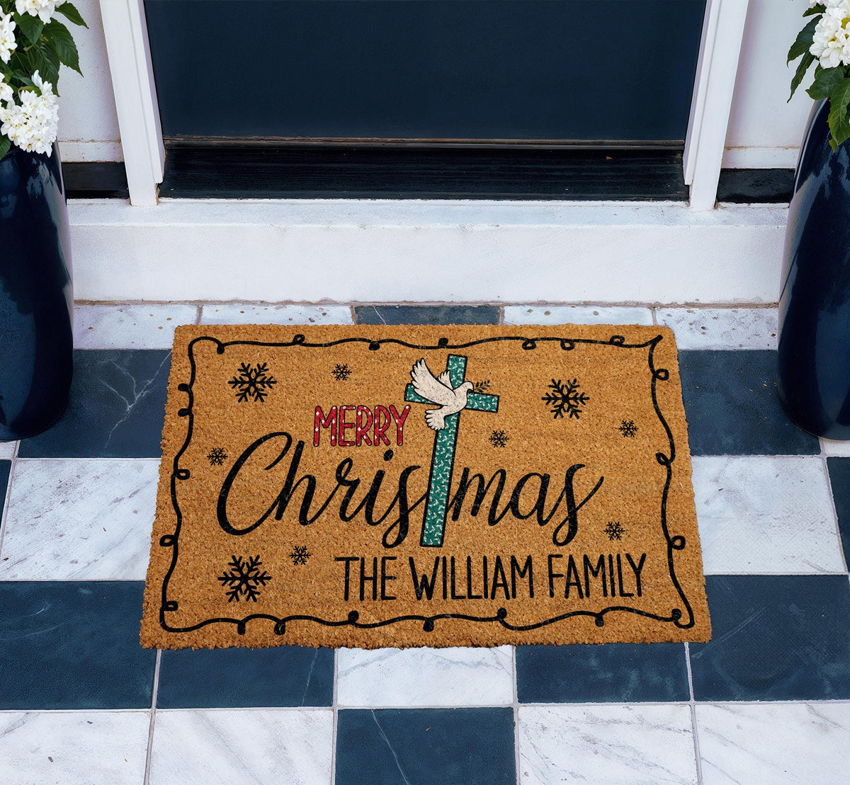 Personalized Christian Christmas Doormat, Custom Cross and Dove Welcome Mat