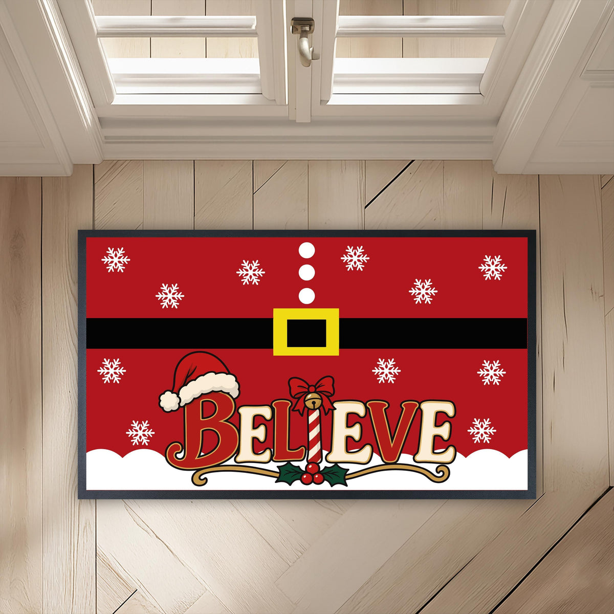 Believe Christmas Doormat, Santa Suit Welcome Mat, Festive Winter Porch Decor