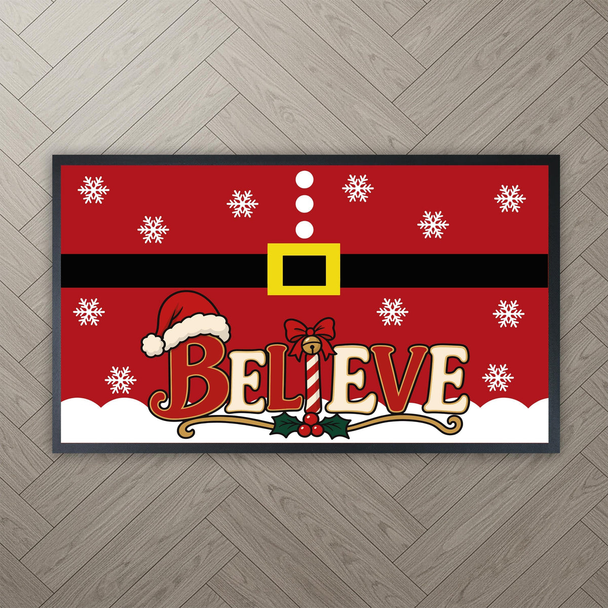 Believe Christmas Doormat, Santa Suit Welcome Mat, Festive Winter Porch Decor
