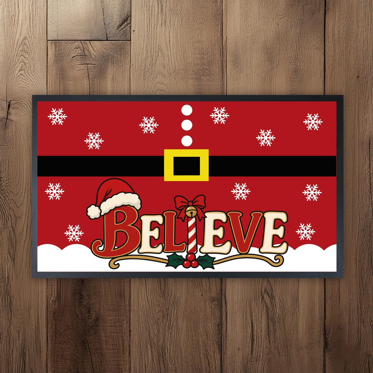 Believe Christmas Doormat, Santa Suit Welcome Mat, Festive Winter Porch Decor