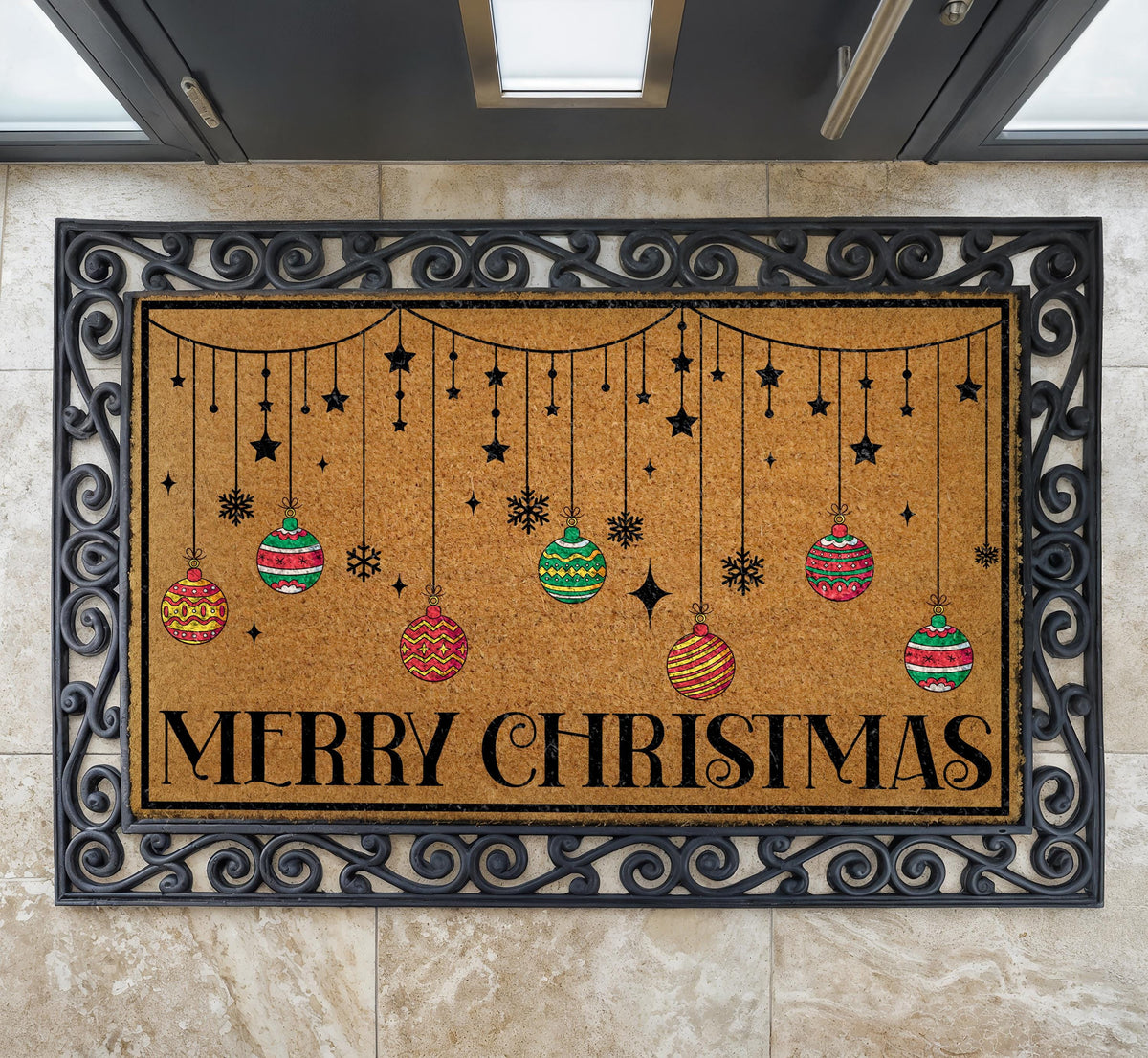 Merry Christmas Hanging Ornaments Doormat, Colorful Ornaments Holiday Welcome Mat