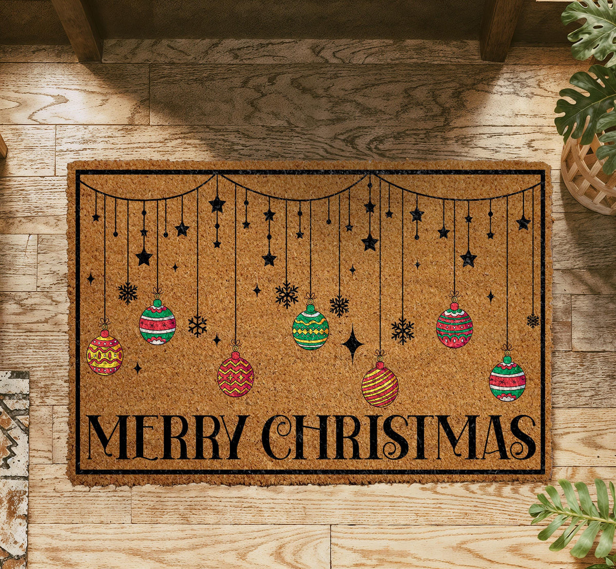 Merry Christmas Hanging Ornaments Doormat, Colorful Ornaments Holiday Welcome Mat