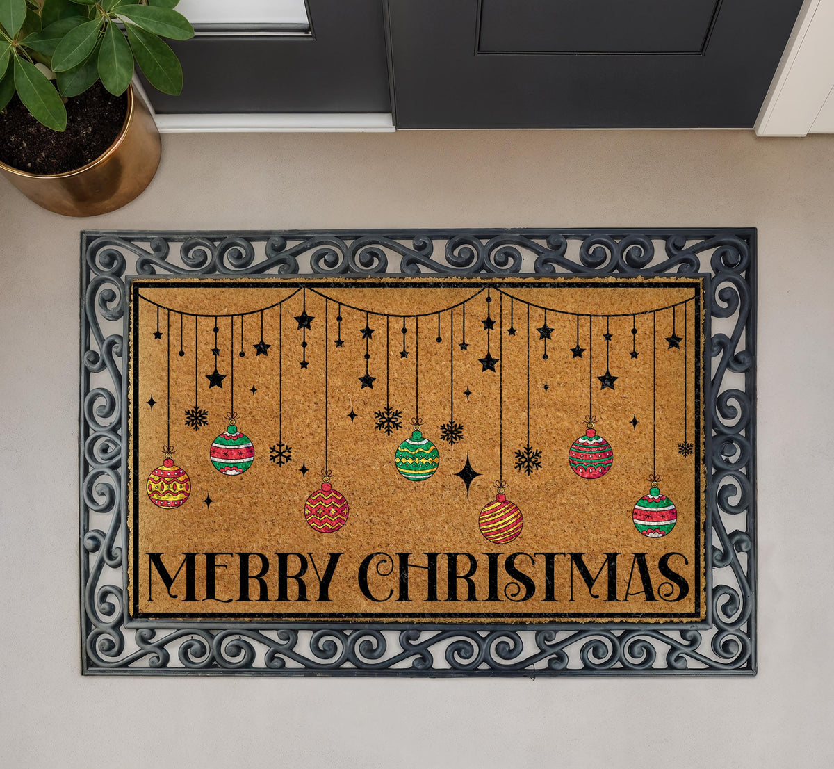 Merry Christmas Hanging Ornaments Doormat, Colorful Ornaments Holiday Welcome Mat