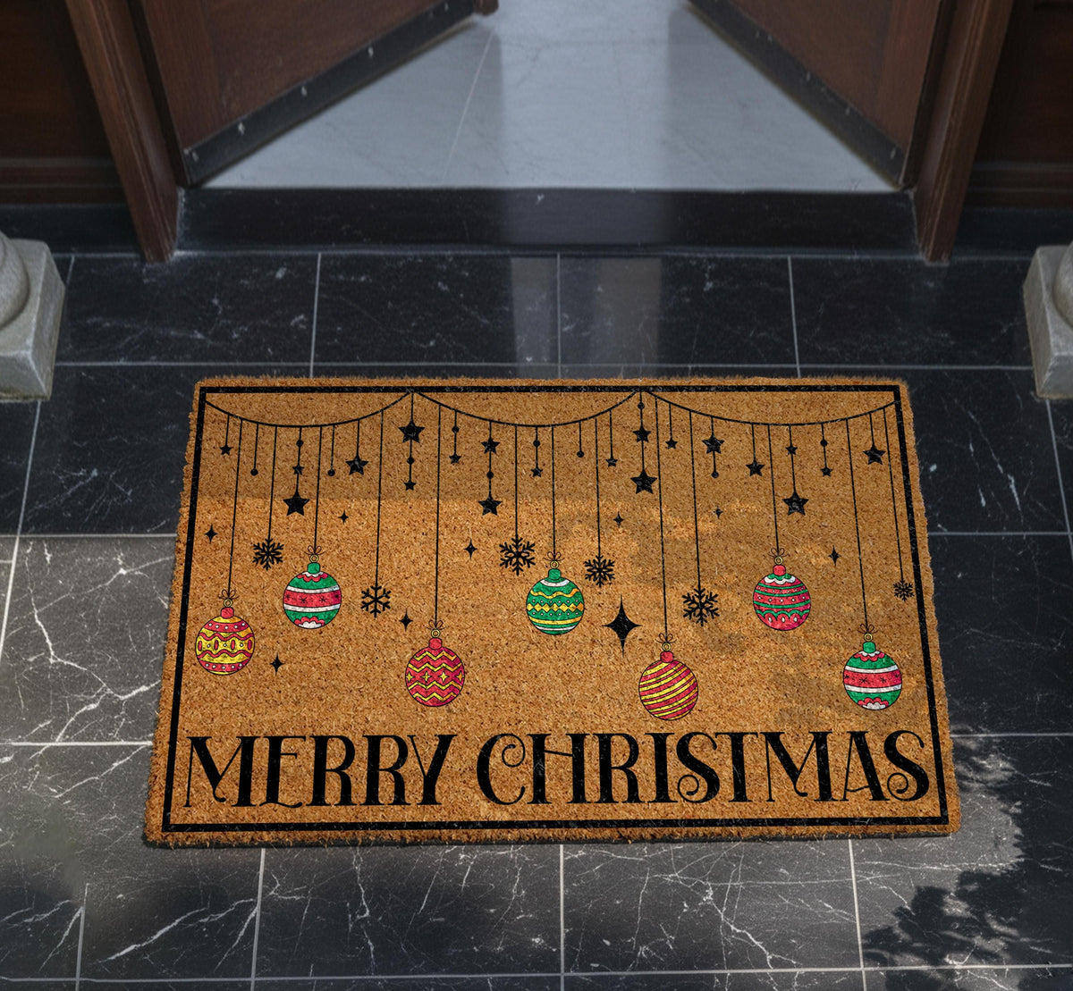 Merry Christmas Hanging Ornaments Doormat, Colorful Ornaments Holiday Welcome Mat