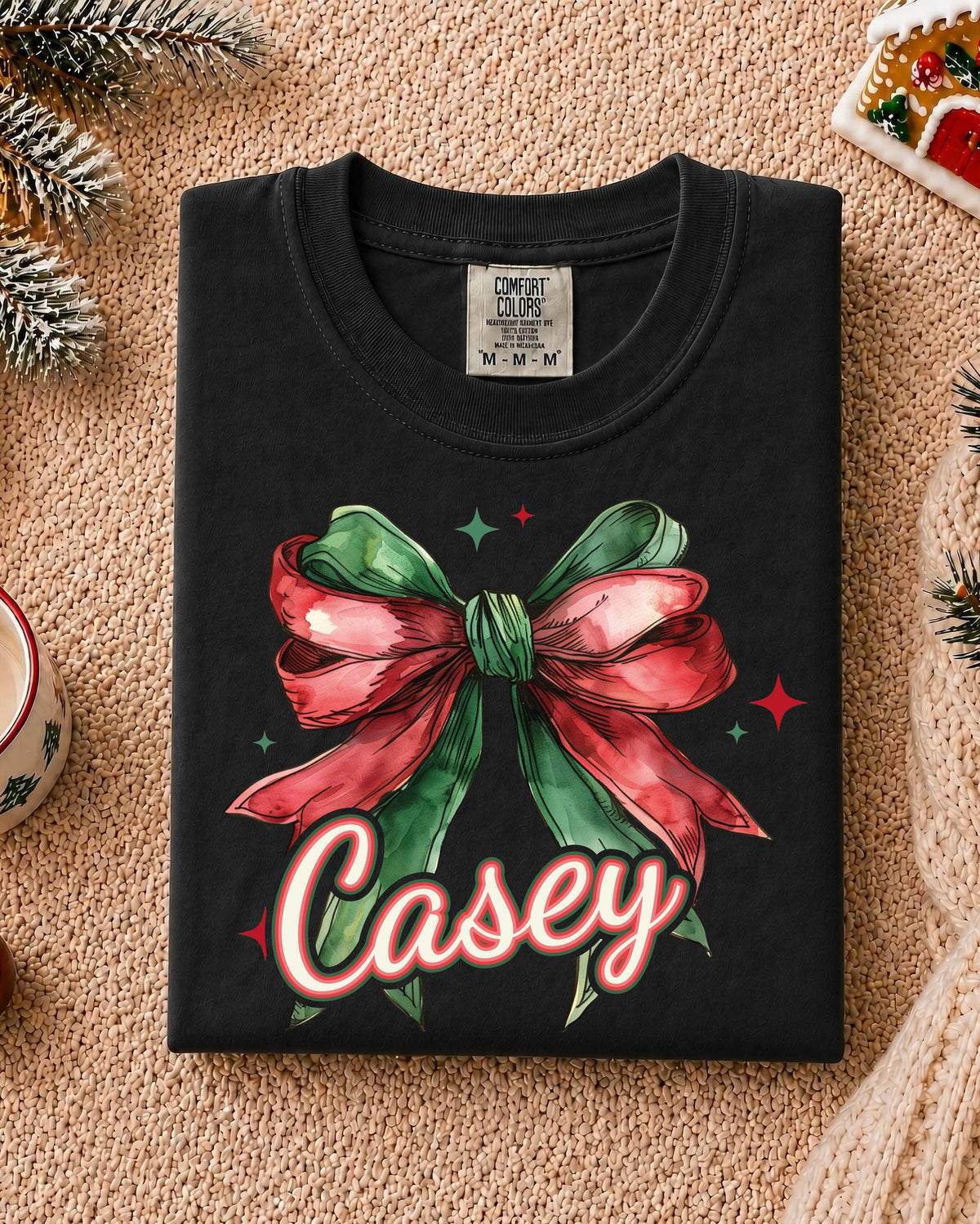 Personalized Christmas Comfort Colors® Shirt, Christmas Bow T-Shirt, Holiday Girls Tee